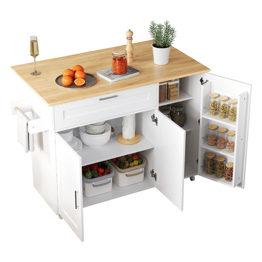 Mesa de cozinha móvel 132,5x44(70)x90 cm - design dobrável, prateleira para temperos, 5 rodas - Branco + Natural