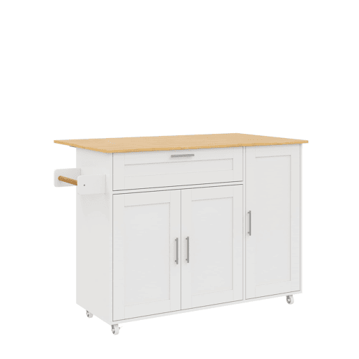 Mesa de cozinha móvel 132,5x44(70)x90 cm - design dobrável, prateleira para temperos, 5 rodas - Branco + Natural