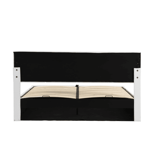 Cama estofada 180x200 cm - Com LED, armazenamento hidráulico, base de madeira, couro sintético - Branco