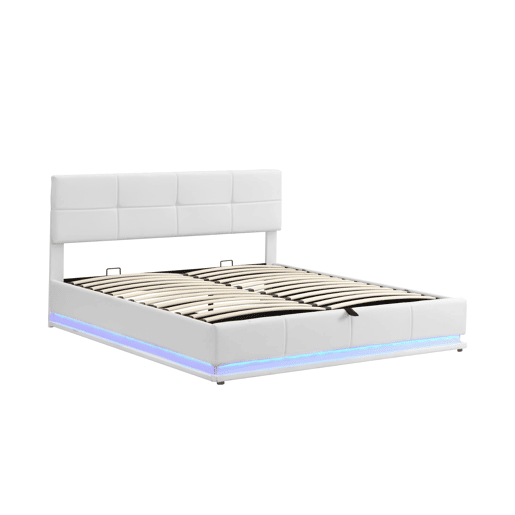 Cama estofada 180x200 cm - Com LED, armazenamento hidráulico, base de madeira, couro sintético - Branco