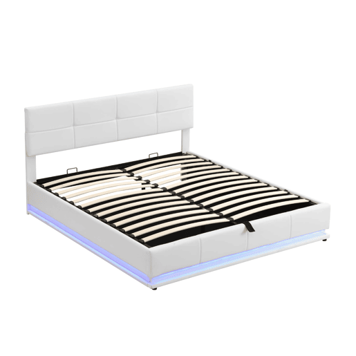 Cama estofada 180x200 cm - Com LED, armazenamento hidráulico, base de madeira, couro sintético - Branco