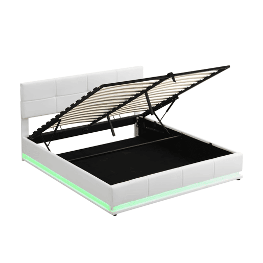Cama estofada 180x200 cm - Com LED, armazenamento hidráulico, base de madeira, couro sintético - Branco