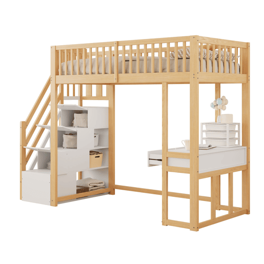 Cama alta 90x200 cm - Mesa multifuncional, escada de armazenamento segura - Branco e carvalho claro
