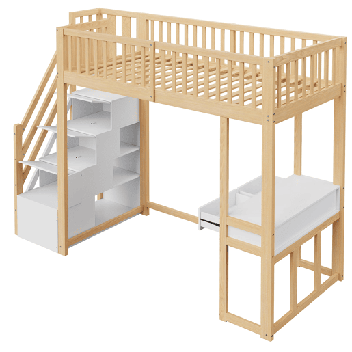Cama alta 90x200 cm - Mesa multifuncional, escada de armazenamento segura - Branco e carvalho claro