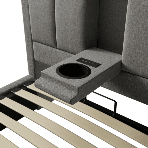 Cama estofada 90x200 cm - Cama individual com suporte oculto para copos e estação de carregamento - Cinza