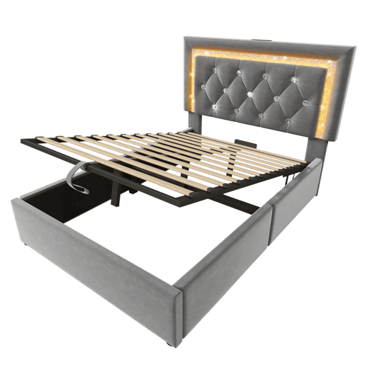 Cama individual 90x200 cm - Veludo, LED na cabeceira, USB e Type-C, armazenamento hidráulico - Cinza