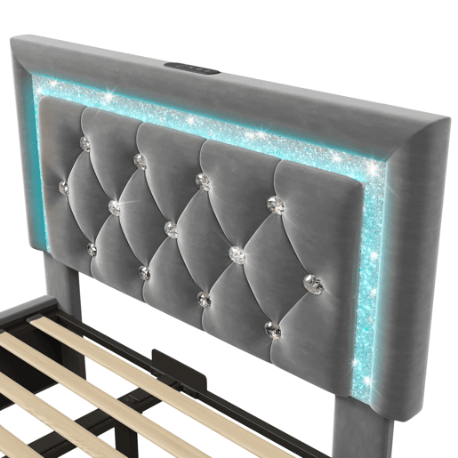 Cama individual 90x200 cm - Veludo, LED na cabeceira, USB e Type-C, armazenamento hidráulico - Cinza