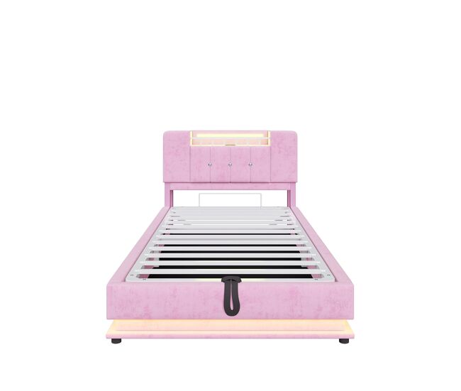 Cama infantil 90x200 cm - con iluminación led, puerto usb, almacenamiento hidráulico, tapizado de terciopelo, estructura metálica - rosa
