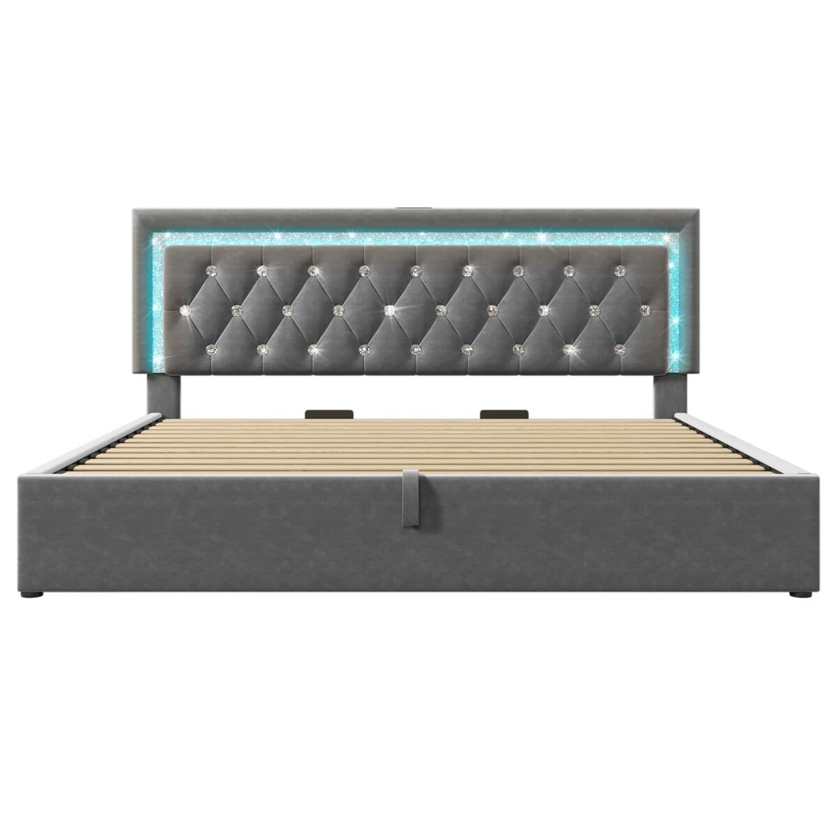 Cama tapizada 180x200 cm - led, usb y type-c, almacenamiento hidráulico - gris