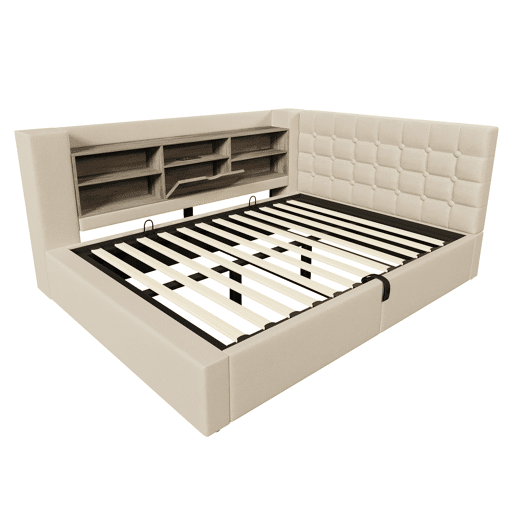 Cama estofada 140x200 - LED, arrumação hidráulica, cabeceira L com espaço - Bege