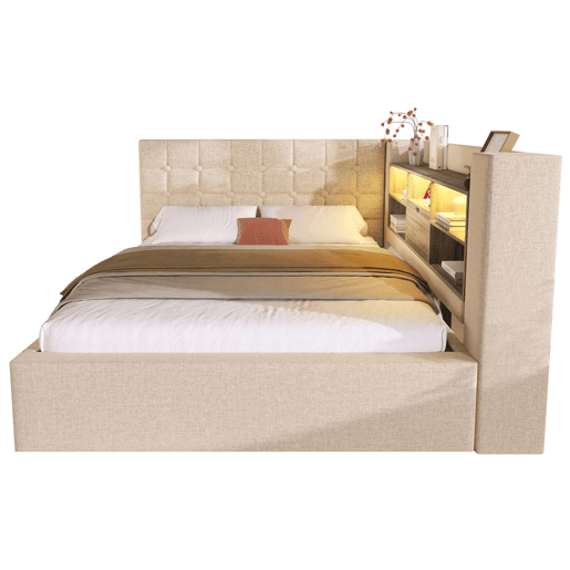 Cama estofada 140x200 - LED, arrumação hidráulica, cabeceira L com espaço - Bege