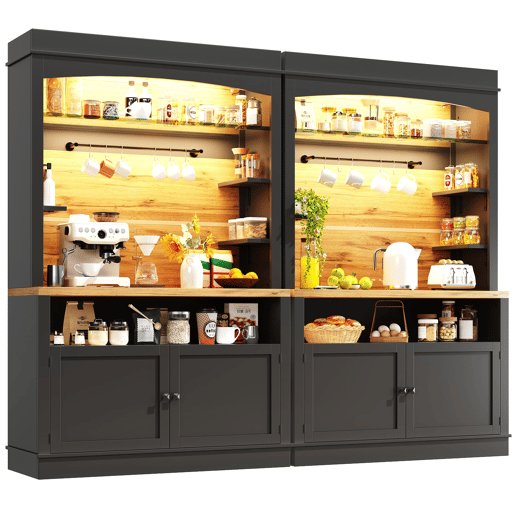 Armário de cozinha alto 107x43x184 cm - Vitrine com LED e prateleiras abertas - Preto