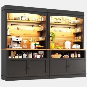 Armário de cozinha alto 107x43x184 cm - Vitrine com LED e prateleiras abertas - Preto