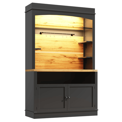 Armário de cozinha alto 107x43x184 cm - Vitrine com LED e prateleiras abertas - Preto
