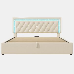 Cama estofada 140x200 cm - LED, USBType-C, armazenamento hidráulico, moderna - Bege
