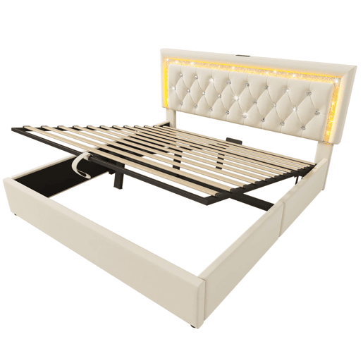Cama estofada 140x200 cm - LED, USBType-C, armazenamento hidráulico, moderna - Bege Cama estofada 140x200 cm - LED, USBType-C, armazenamento hidráulico, moderna - Bege