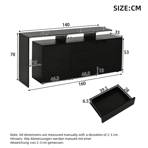Aparador de sala 160x40x80 cm - com LED, alto brilho, multiuso - preto Aparador de sala 160x40x80 cm - com LED, alto brilho, multiuso - preto