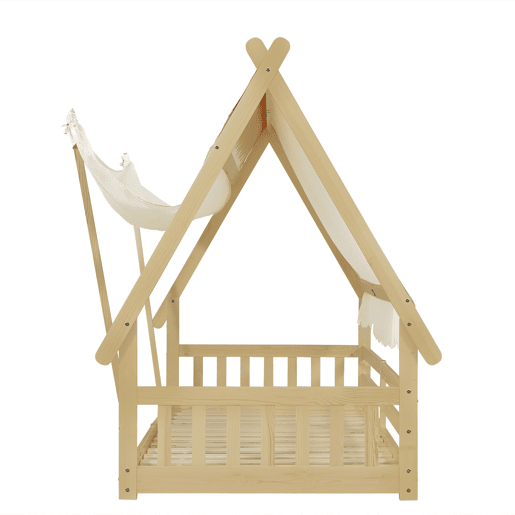 Cama infantil 90x200cm - Design em madeira, com grade e rodapé removível - Branco + Natural