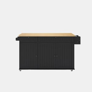 Ilha de cozinha 137x89,5x45 cm - Com 6 rodas fixas, prateleira, 2 gavetas, prateleira na porta - Natural+Preto