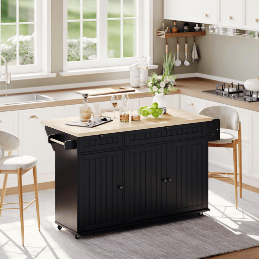 Ilha de cozinha 137x89,5x45 cm - Com 6 rodas fixas, prateleira, 2 gavetas, prateleira na porta - Natural+Preto