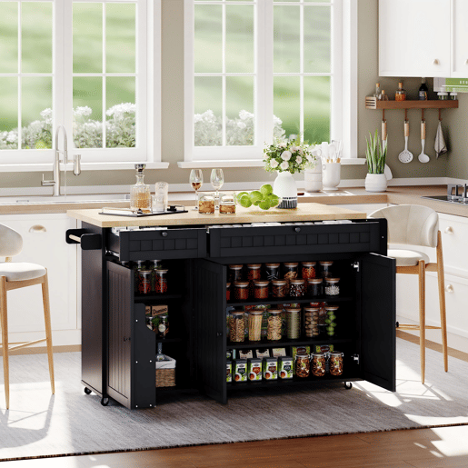 Ilha de cozinha 137x89,5x45 cm - Com 6 rodas fixas, prateleira, 2 gavetas, prateleira na porta - Natural+Preto
