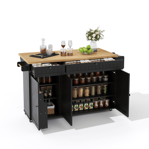 Ilha de cozinha 137x89,5x45 cm - Com 6 rodas fixas, prateleira, 2 gavetas, prateleira na porta - Natural+Preto