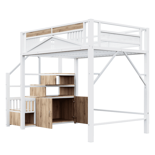 Cama alta metálica 140 x 200 cm - Com estrutura de segurança com janela e escada com armário - Branco