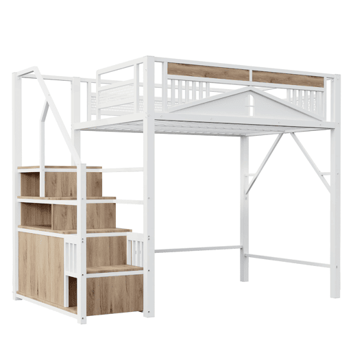 Cama alta metálica 140 x 200 cm - Com estrutura de segurança com janela e escada com armário - Branco