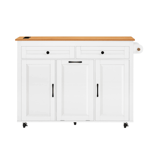 Ilha de cozinha móvel - mesa extensível, tomadas e compartimento para lixo - branco Ilha de cozinha móvel - mesa extensível, tomadas e compartimento para lixo - branco