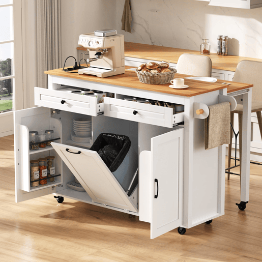 Ilha de cozinha móvel - mesa extensível, tomadas e compartimento para lixo - branco Ilha de cozinha móvel - mesa extensível, tomadas e compartimento para lixo - branco
