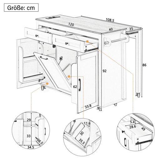 Ilha de cozinha móvel - mesa extensível, tomadas e compartimento para lixo - branco Ilha de cozinha móvel - mesa extensível, tomadas e compartimento para lixo - branco