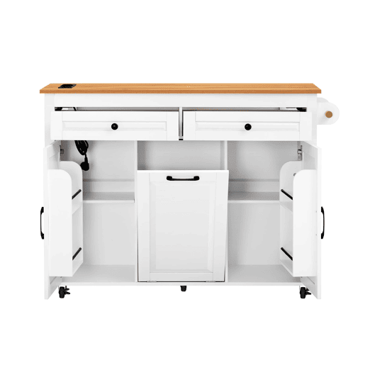 Ilha de cozinha móvel - mesa extensível, tomadas e compartimento para lixo - branco Ilha de cozinha móvel - mesa extensível, tomadas e compartimento para lixo - branco
