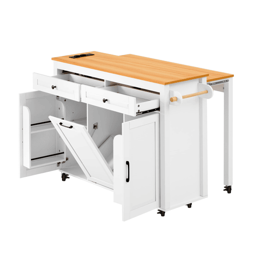 Ilha de cozinha móvel - mesa extensível, tomadas e compartimento para lixo - branco Ilha de cozinha móvel - mesa extensível, tomadas e compartimento para lixo - branco