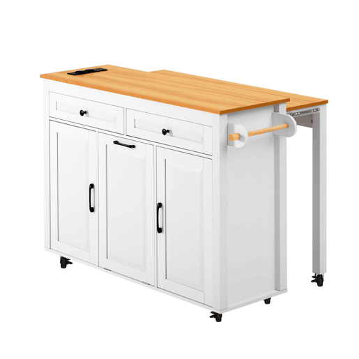 Ilha de cozinha móvel - mesa extensível, tomadas e compartimento para lixo - branco Ilha de cozinha móvel - mesa extensível, tomadas e compartimento para lixo - branco