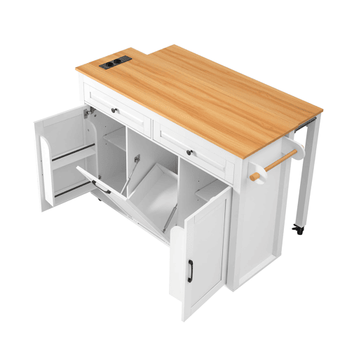 Ilha de cozinha móvel - mesa extensível, tomadas e compartimento para lixo - branco Ilha de cozinha móvel - mesa extensível, tomadas e compartimento para lixo - branco
