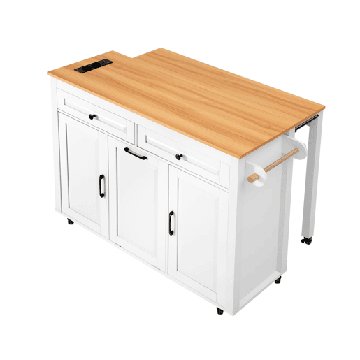 Ilha de cozinha móvel - mesa extensível, tomadas e compartimento para lixo - branco Ilha de cozinha móvel - mesa extensível, tomadas e compartimento para lixo - branco