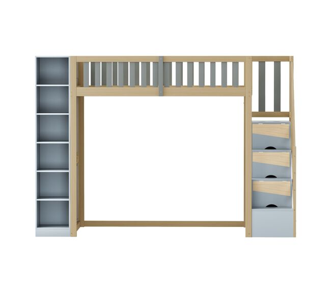 Cama alta multifuncional 90x200 cm - con estantes, armario y escalera de seguridad - gris + madera natural