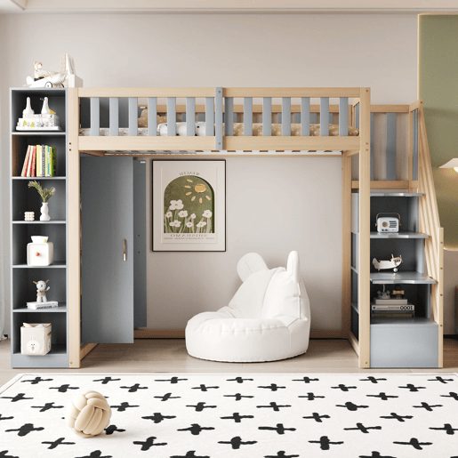 Cama alta multifuncional 90x200 cm - Com prateleiras, armário e escada de segurança - Cinza + Madeira natural