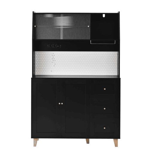 Armário alto com tomadas e painel perfurado u2013 com porta-copos e arrumação u2013 preto