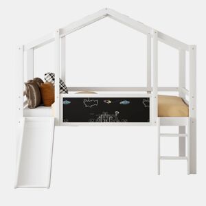 Cama infantil 90 x 200 cm - Design tipo loft com escada e escorregador de segurança, com quadro negro, cama multifuncional, madeira maciça, branca