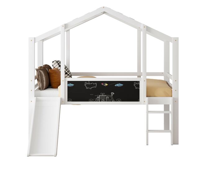 Cama infantil 90 x 200 cm - diseño de altillo con escalera y tobogán de seguridad, con pizarra, cama multifuncional, madera maciza, blanca