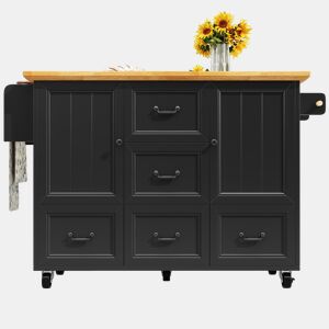 Ilha de cozinha 120x73(45)x93 cm - Carrinho de cozinha com rodas, suporte para toalhas e prateleira para especiarias, 5 gavetas, 2 portas - Preto