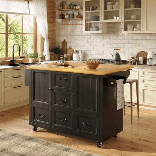 Ilha de cozinha 120x73(45)x93 cm - Carrinho de cozinha com rodas, suporte para toalhas e prateleira para especiarias, 5 gavetas, 2 portas - Preto