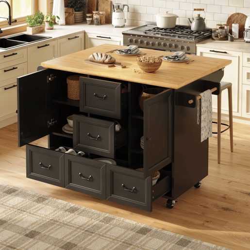 Ilha de cozinha 120x73(45)x93 cm - Carrinho de cozinha com rodas, suporte para toalhas e prateleira para especiarias, 5 gavetas, 2 portas - Preto