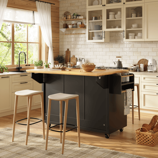 Ilha de cozinha 120x73(45)x93 cm - Carrinho de cozinha com rodas, suporte para toalhas e prateleira para especiarias, 5 gavetas, 2 portas - Preto