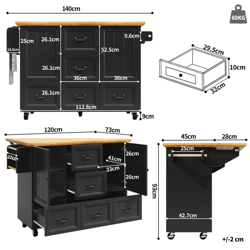 Ilha de cozinha 120x73(45)x93 cm - Carrinho de cozinha com rodas, suporte para toalhas e prateleira para especiarias, 5 gavetas, 2 portas - Preto