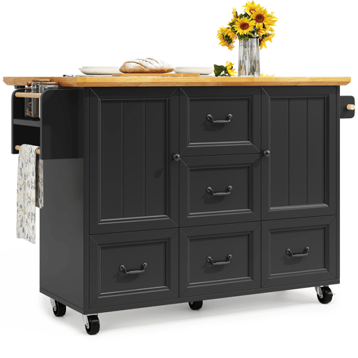 Ilha de cozinha 120x73(45)x93 cm - Carrinho de cozinha com rodas, suporte para toalhas e prateleira para especiarias, 5 gavetas, 2 portas - Preto