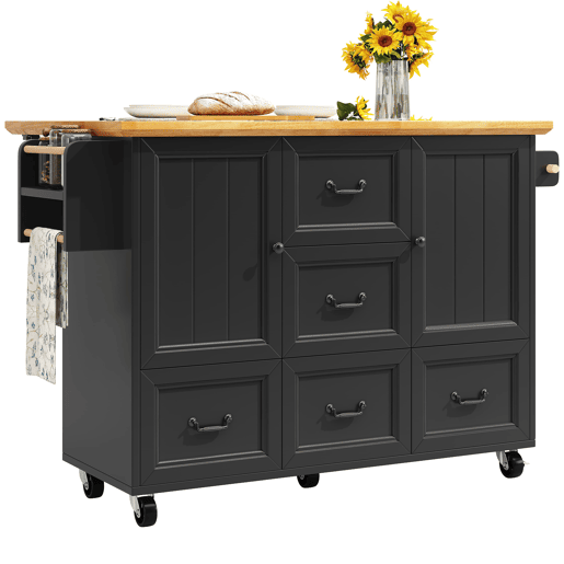 Ilha de cozinha 120x73(45)x93 cm - Carrinho de cozinha com rodas, suporte para toalhas e prateleira para especiarias, 5 gavetas, 2 portas - Preto
