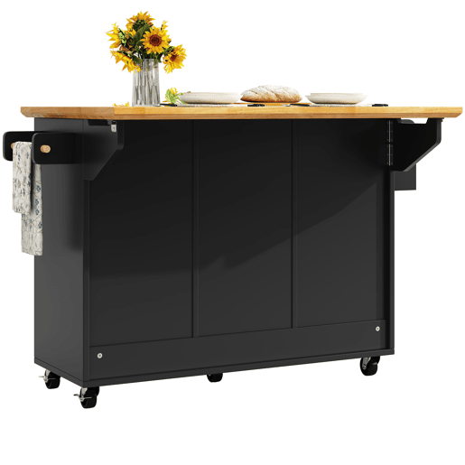 Ilha de cozinha 120x73(45)x93 cm - Carrinho de cozinha com rodas, suporte para toalhas e prateleira para especiarias, 5 gavetas, 2 portas - Preto