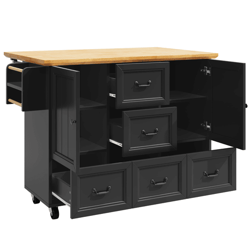 Ilha de cozinha 120x73(45)x93 cm - Carrinho de cozinha com rodas, suporte para toalhas e prateleira para especiarias, 5 gavetas, 2 portas - Preto